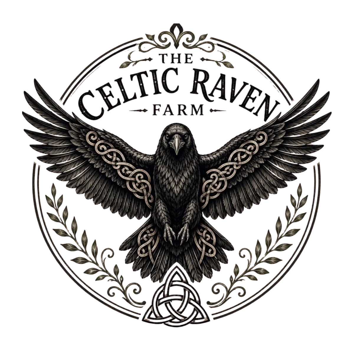 The Celtic Raven Farm — raven with Celtic knots and botanical border