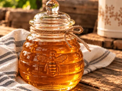 Golden honey in a glass jar with an embossed bee